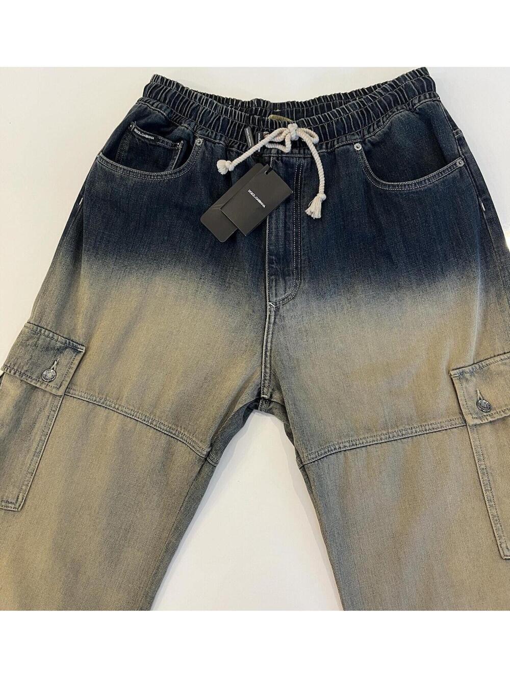 $1275 Dolce & Gabbana Washed Drawstring Cargo Beige/Dark Blue Jeans Size 52 - Picture 11 of 13